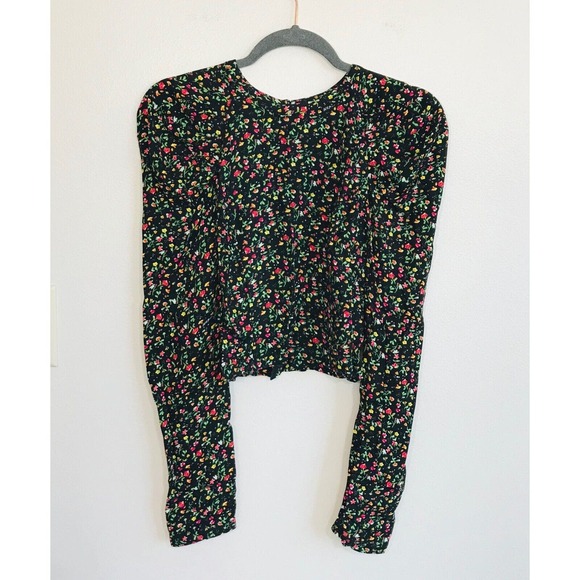 AFRM Top Garden Floral Blouse Puffed Drape Sleeve Black Viscose Zip, M - Picture 9 of 16